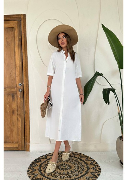 Keten Kısa Kollu Elbise