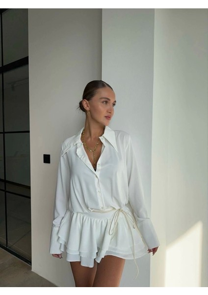 Beyaz Pileli Mini Elbise