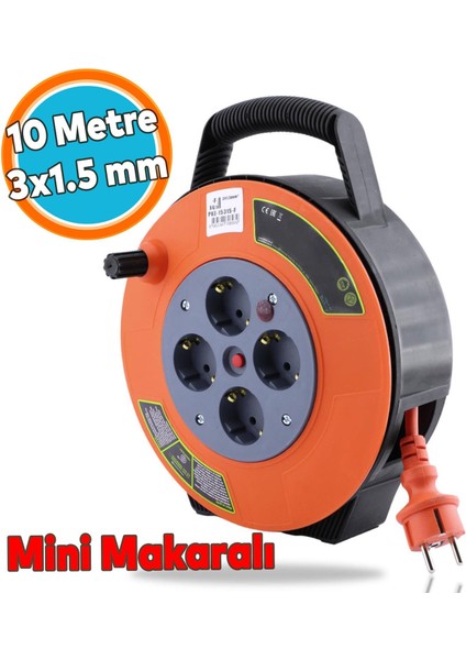 Mini Kutulu Plastik Makaralı Seyyar 3x1.5 mm Cca Monofaze Uzatma Kablosu 4 Priz Ttr Kablo 10 Metre