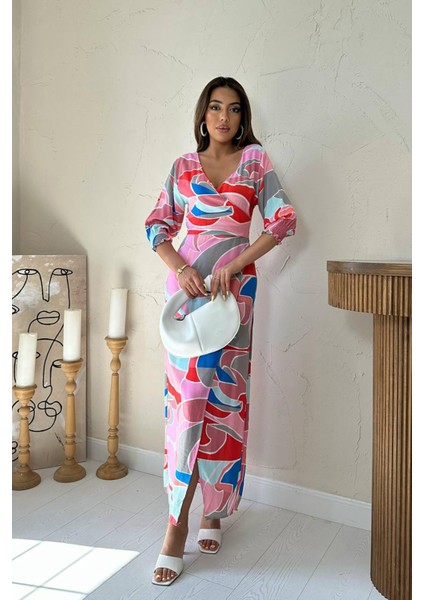 Desenli Yırtmaçlı Elbise fiyatları