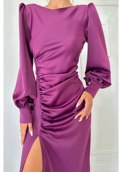 Yanı Büzgülü Yırtmaçlı Saten Elbise modelleri