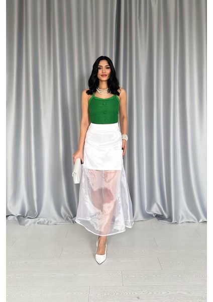 Organze Detaylı Atlas Etek