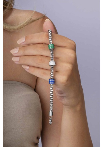 Renkli Silindir Beyaz Altın Kaplama Çelik Zincir Model Kadın Bileklik