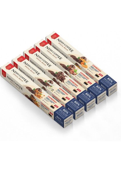 Aromalı Kapsül Kahve 5'li Set (Karamel-Vanilya-Çikolata-Fındık-Portakal) - 50 Adet