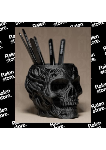 Gotik Siyah Kafatası Temalı Kalemlik | 10CM | Siyah ( Yüksek Kalite 3D Baskı Pla )