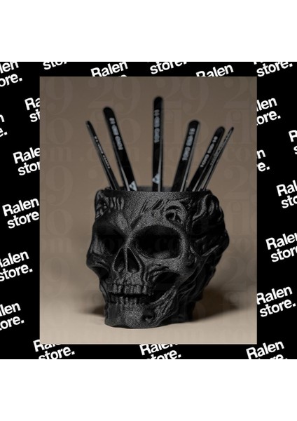 Gotik Siyah Kafatası Temalı Kalemlik | 10CM | Siyah ( Yüksek Kalite 3D Baskı Pla )