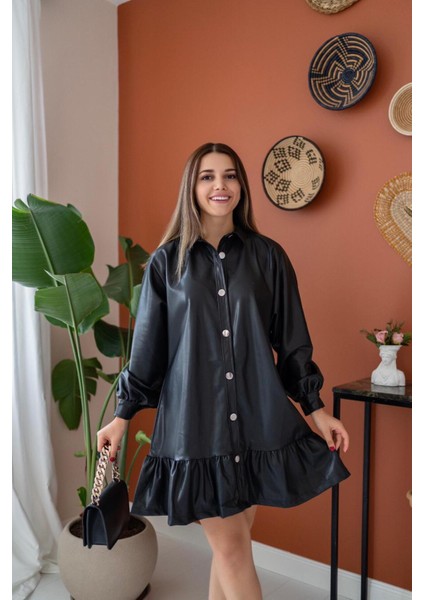 Eteği Büzgülü Deri Elbise modelleri