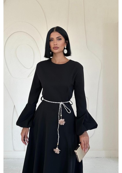 Balon Kollu Kuşaklı Elbise