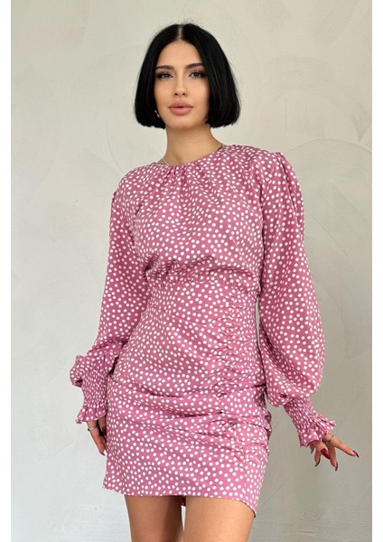 Puantiyeli Önü Büzgülü Elbise fiyatları