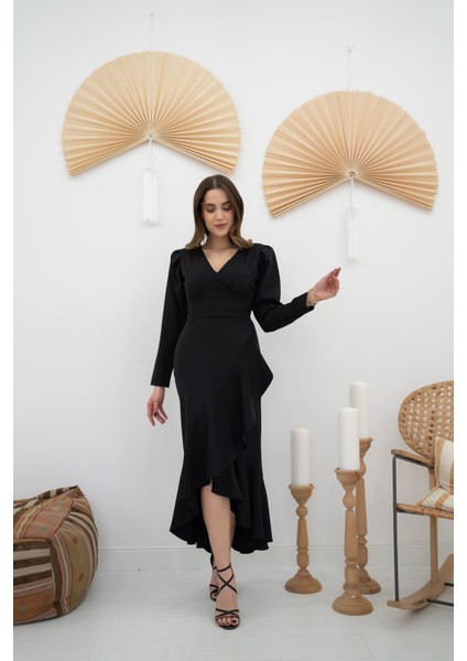 Volanlı Atlas Elbise