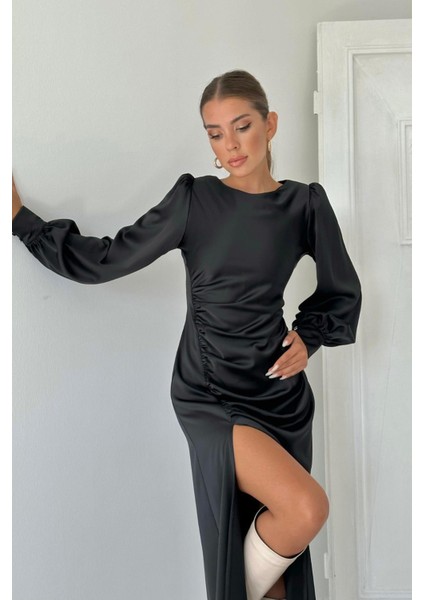 Yanı Büzgülü Yırtmaçlı Saten Elbise fiyatları