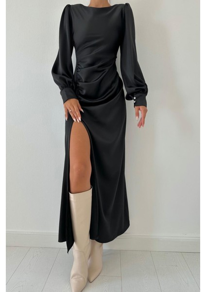 Yanı Büzgülü Yırtmaçlı Saten Elbise fırsatları