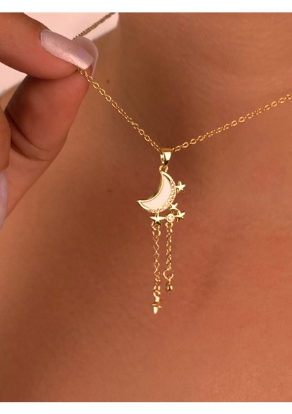 Gold Hilal Kuyruklu Yıldız Minimal Çelik Kolye Zarif Ince Zincir Hediye Zirkon Ay Kolye