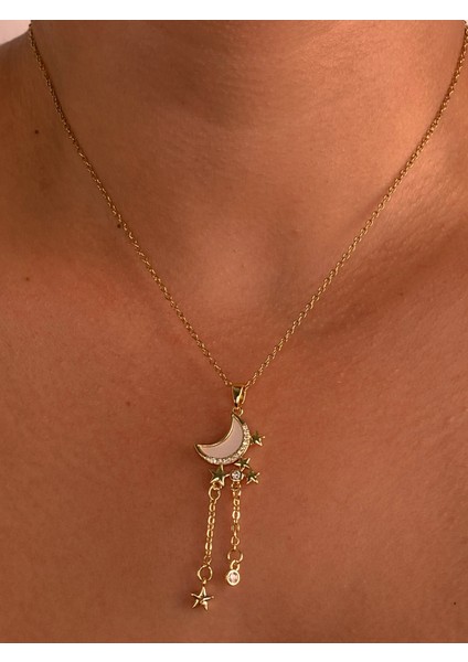 Gold Hilal Kuyruklu Yıldız Minimal Çelik Kolye Zarif Ince Zincir Hediye Zirkon Ay Kolye