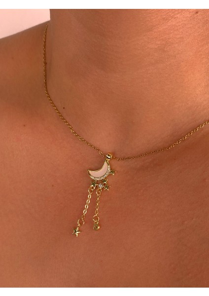 Gold Hilal Kuyruklu Yıldız Minimal Çelik Kolye Zarif Ince Zincir Hediye Zirkon Ay Kolye