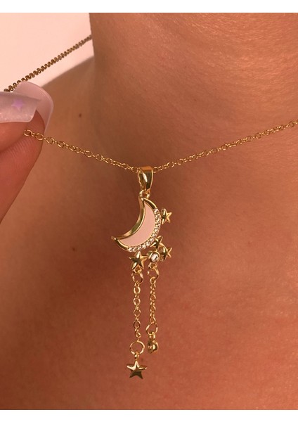 Gold Hilal Kuyruklu Yıldız Minimal Çelik Kolye Zarif Ince Zincir Hediye Zirkon Ay Kolye