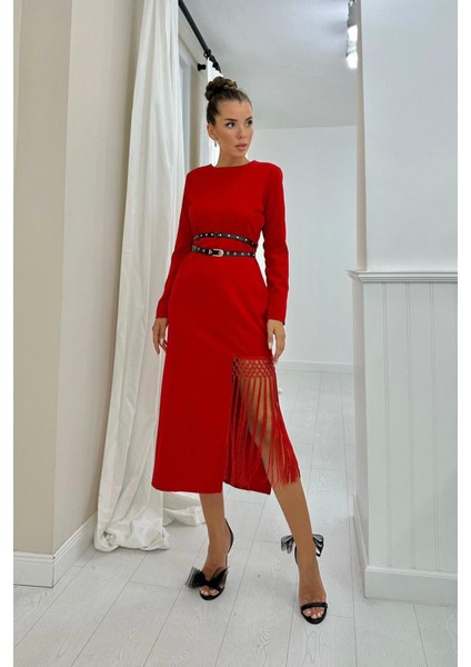 Eteği Püsküllü Atlas Elbise