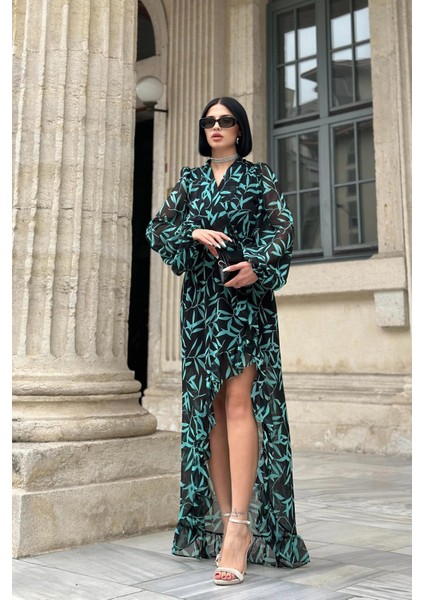 Desenli Fırfırlı Elbise