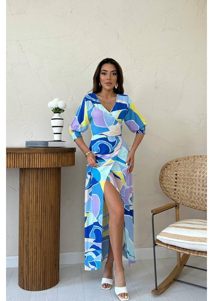 Desenli Yırtmaçlı Elbise fiyatları