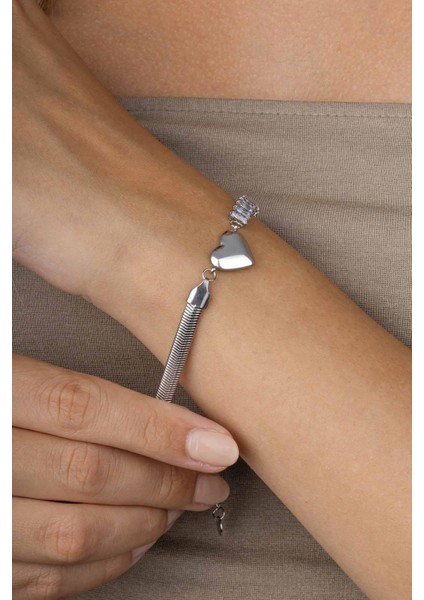 Baget Taşlı Kalp Figürlü Italyan Zincir Beyaz Altın Kaplama Çelik Kadın Bileklik