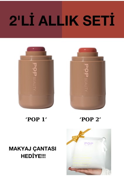 Yanak ve Dudak Renklendirici Stick Allık Seti (2 Renk Allık ve Makyaj Çantası)