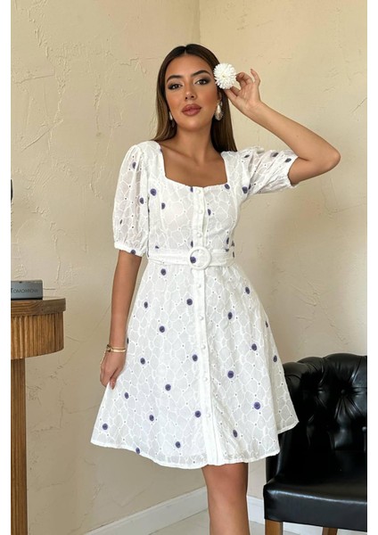 Kemerli Kare Yaka Elbise modelleri