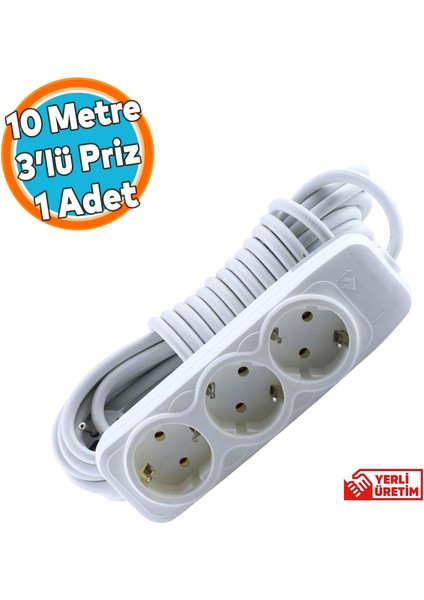 10 Metre Grup Priz 3'lü Anahtarsız Topraklı Seyyar Ara Kablolu Uzatma Kablolusu Üçlü Piriz