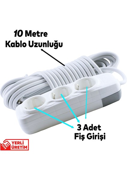 10 Metre Grup Priz 3'lü Anahtarsız Topraklı Seyyar Ara Kablolu Uzatma Kablolusu Üçlü Piriz fiyatları