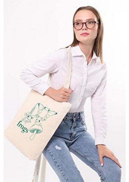 Çınar Frogs Baskılı Kanvas Alışveriş Çantası 35x40x8 cm Çok Amaçlı Kullanım için modelleri