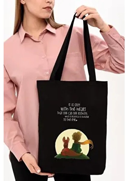 Çınar Little Prince Baskılı Siyah Kanvas Alışveriş Çantası 35x40 cm %100 Doğal Pamuk