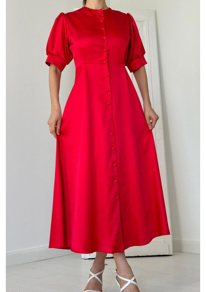 Düğme Kapamalı Saten Elbise modelleri