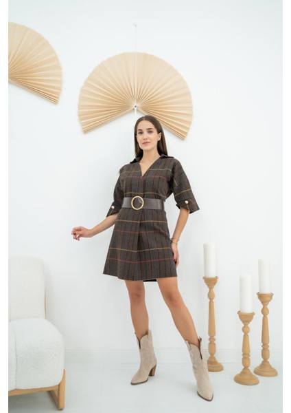 Kemerli Çizgili Mini Elbise