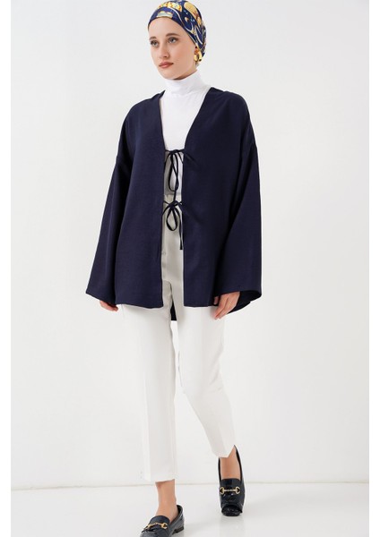 Kadın BDART Pompom Detaylı V Yaka Bol Kimono Blue