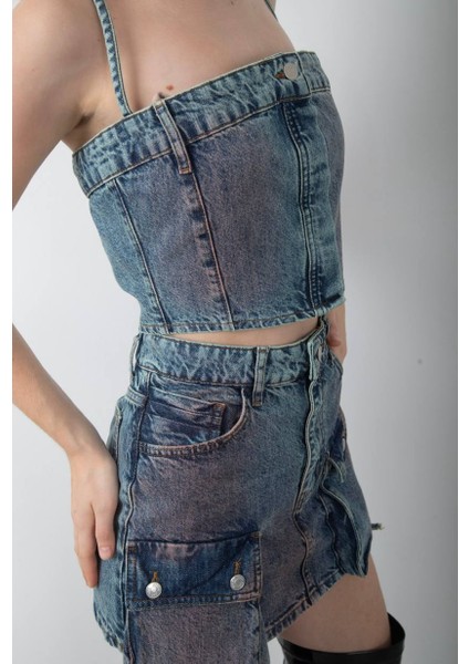Denim Crop Top ve Cepli Asimetrik Mini Etek Takım fiyatları