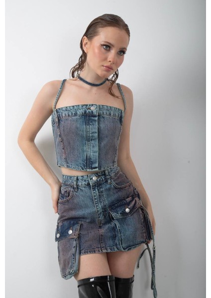 Denim Crop Top ve Cepli Asimetrik Mini Etek Takım modelleri