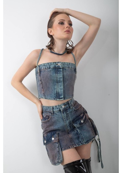 Denim Crop Top ve Cepli Asimetrik Mini Etek Takım indirimleri