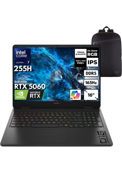 Omen 16-AM0018NT Ultra 7-255H 40-Gbddr5 2 Tbssd RTX5060 (8GB-115W) 16" 165Hz Freedos + Hmf Sırt Çantası BQ1Z1EAHMF10