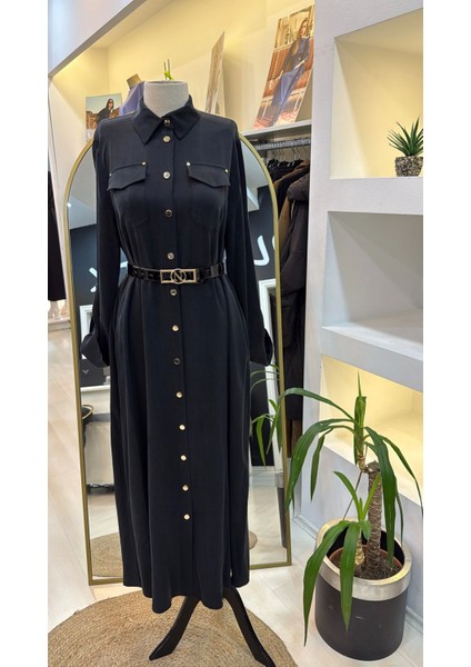 Kemer ve Citcit Detayli Ipek Elbise 2002 Siyah