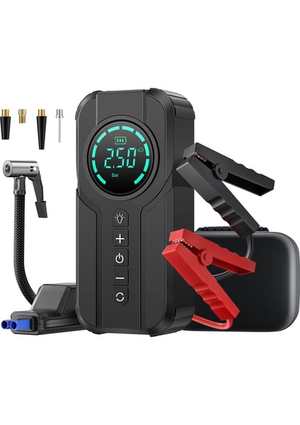 4'ü 1 Arada Şarjlı Akü Ateşleyici 150 PSI Lastik Şişirici Powerbank LED Işık 6V