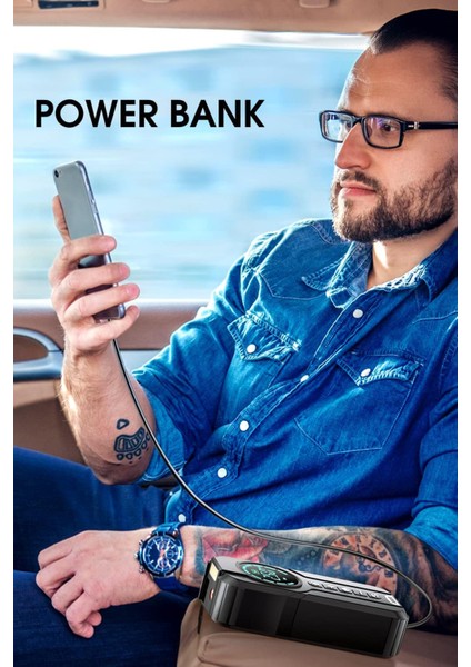 4'ü 1 Arada Şarjlı Akü Ateşleyici 150 PSI Lastik Şişirici Powerbank LED Işık 6V