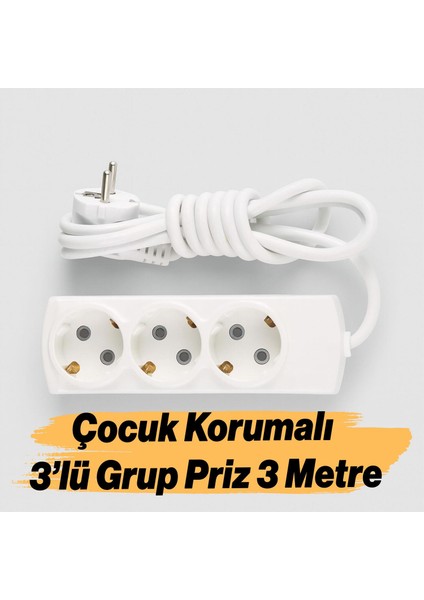 Kablolu 3'lü Topraklı Grup Priz Çoğaltıcı Çoçuk Korumalı 3 Metre Çoklu Uzatma Kablosu Anahtarsız