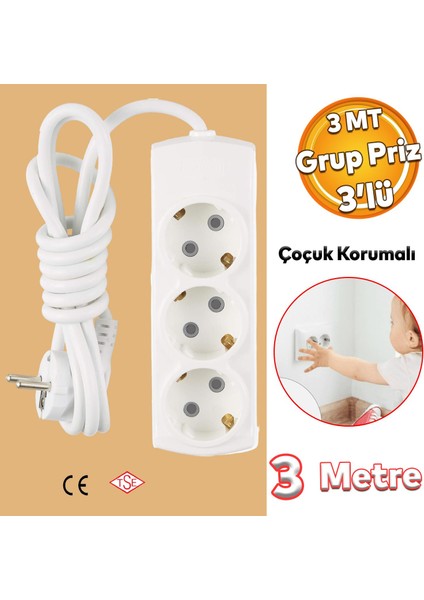 Kablolu 3'lü Topraklı Grup Priz Çoğaltıcı Çoçuk Korumalı 3 Metre Çoklu Uzatma Kablosu Anahtarsız fiyatları