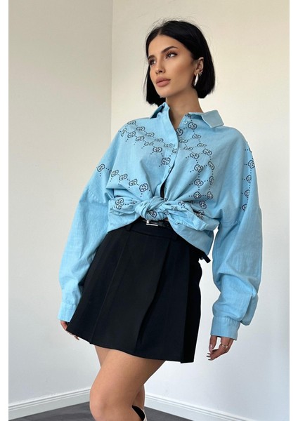 Boyamalı Keten Baskılı Taşlı Gömlek