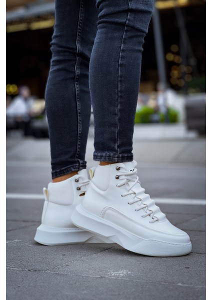 BA0321 Gizli Bağcıklı Erkek Yüksek Taban Beyaz Spor Bot