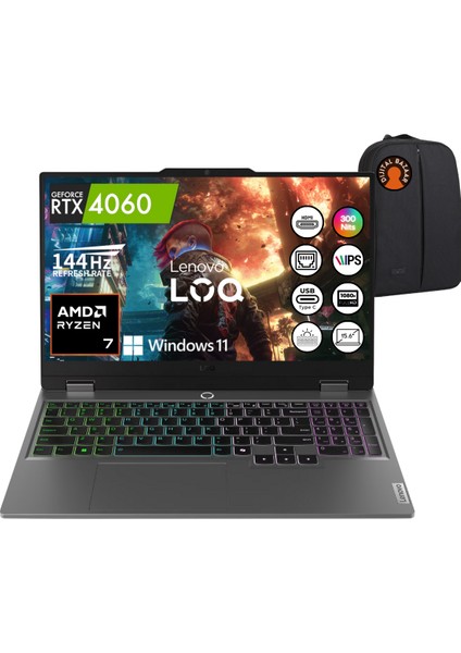 Loq Amd Ryzen 7 7435HS RTX4060 64GB Ram 512GB SSD 15.6" Fhd IPS W11 Taşınabilir Bilgisayar