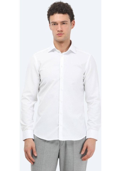 Beyaz Düz Slim Fit Dokuma Klasik Pamuk Karışımlı Gömlek