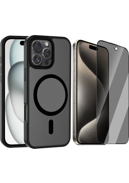 iPhone 16 Pro Kılıf M-safe Şarj Özellikli Mat Arka Yüzey Zore Sio Kapak + Hayalet Cam Ekran Koruyucu