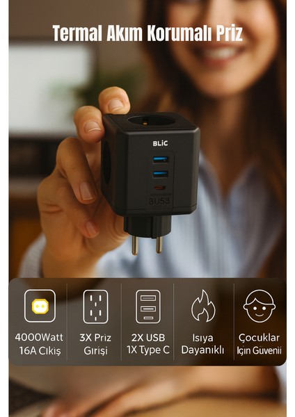 Termal Akım Korumalı Priz 4000WATT-16A Çıkış 3xpriz-2xusb-1xtype-C Isıya Dayanıklı Çocuk Kilidi Priz