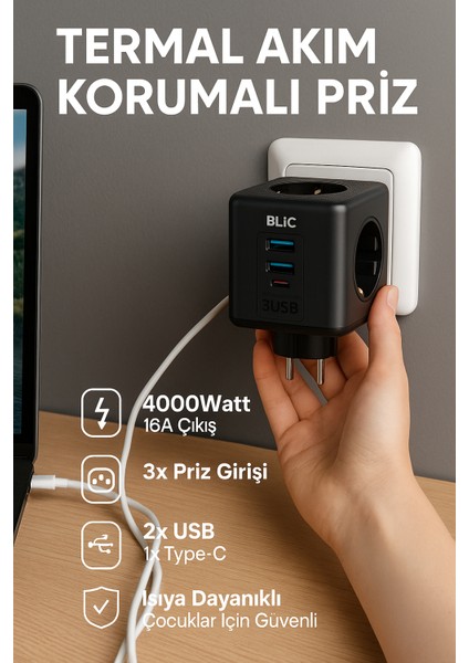 Termal Akım Korumalı Priz 4000WATT-16A Çıkış 3xpriz-2xusb-1xtype-C Isıya Dayanıklı Çocuk Kilidi Priz fiyatları