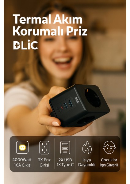 Termal Akım Korumalı Priz 4000WATT-16A Çıkış 3xpriz-2xusb-1xtype-C Isıya Dayanıklı Çocuk Kilidi Priz modelleri